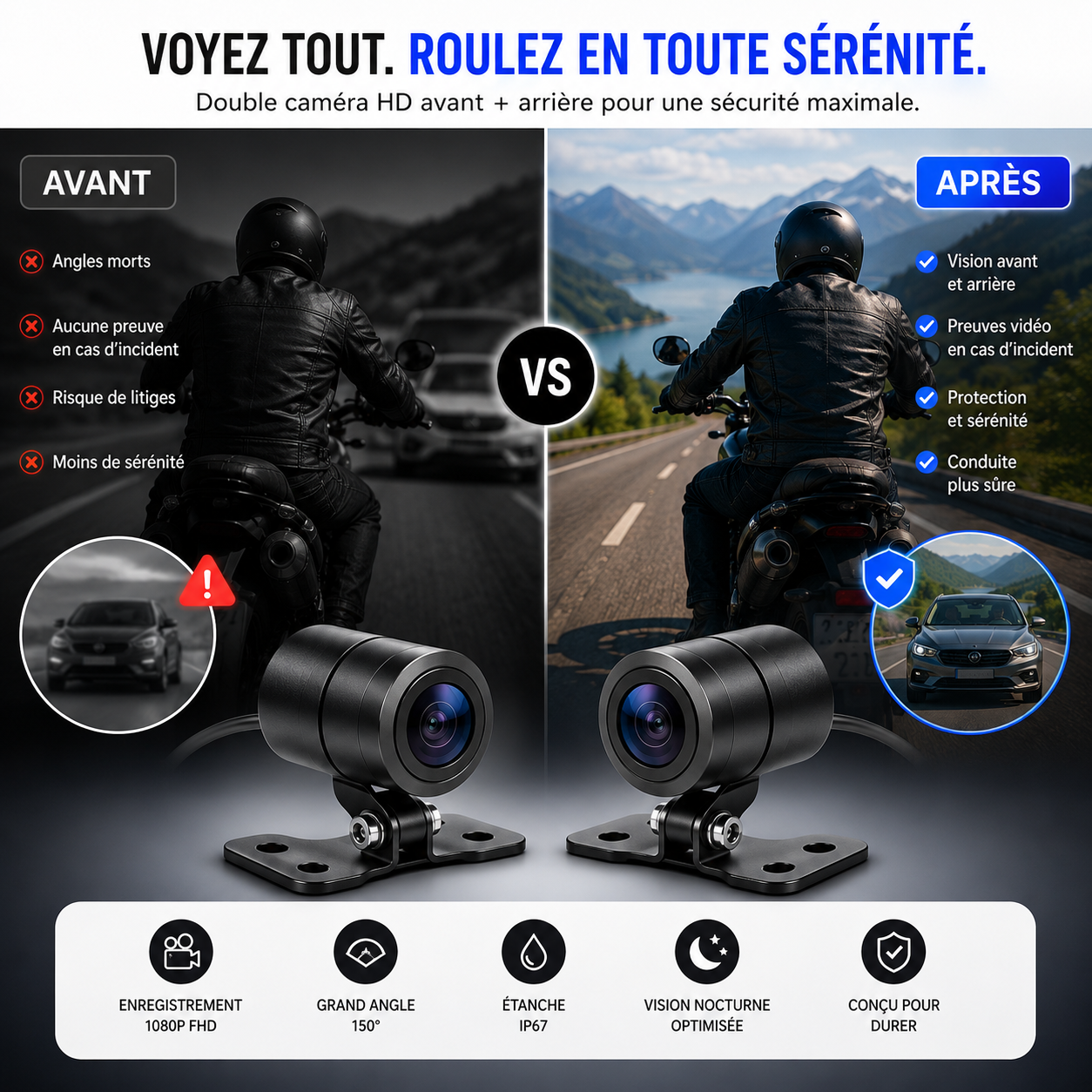 Double caméra HD témoin moto