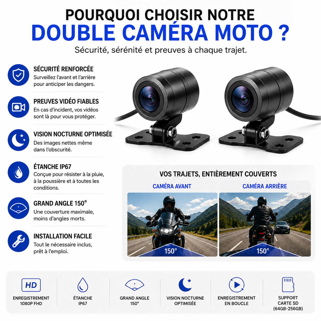 Double caméra HD témoin moto