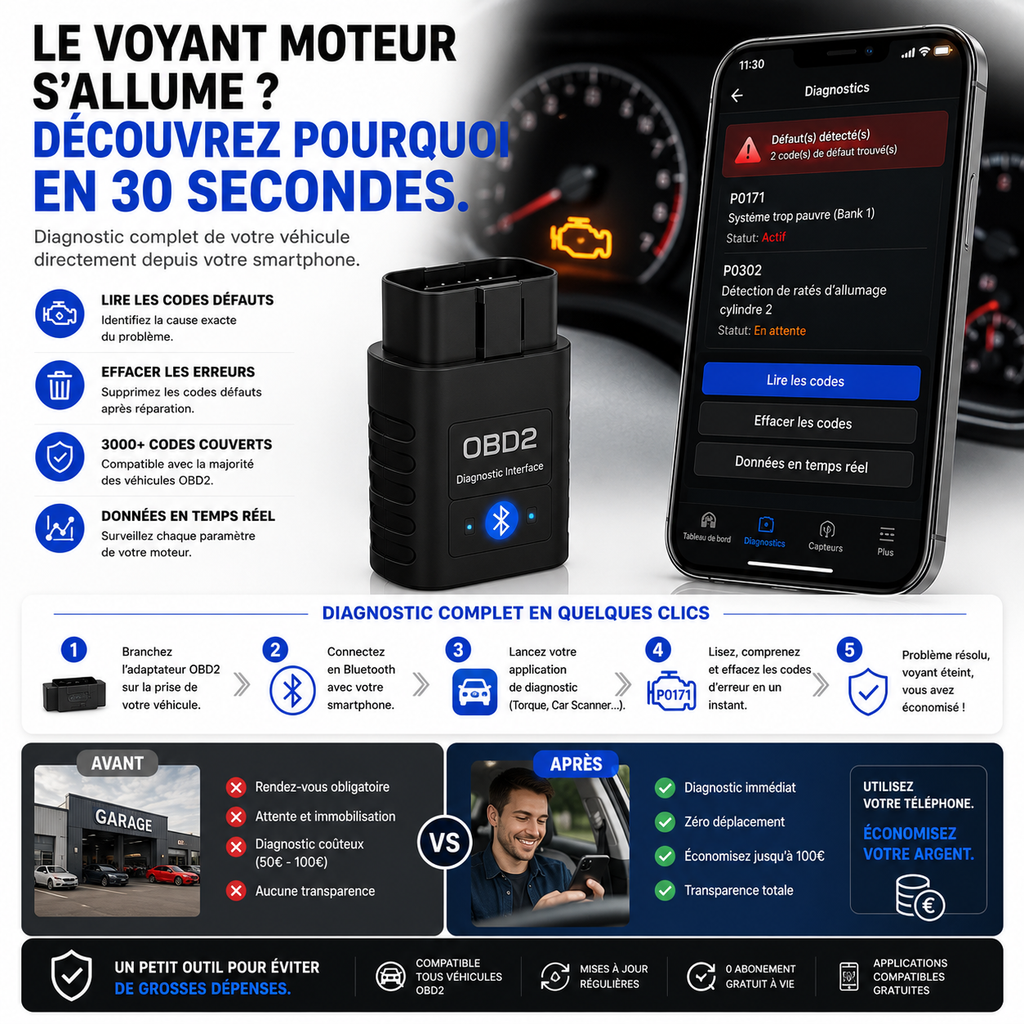 Outil OBD2 Bluetooth – Analyse complète du véhicule en temps réel