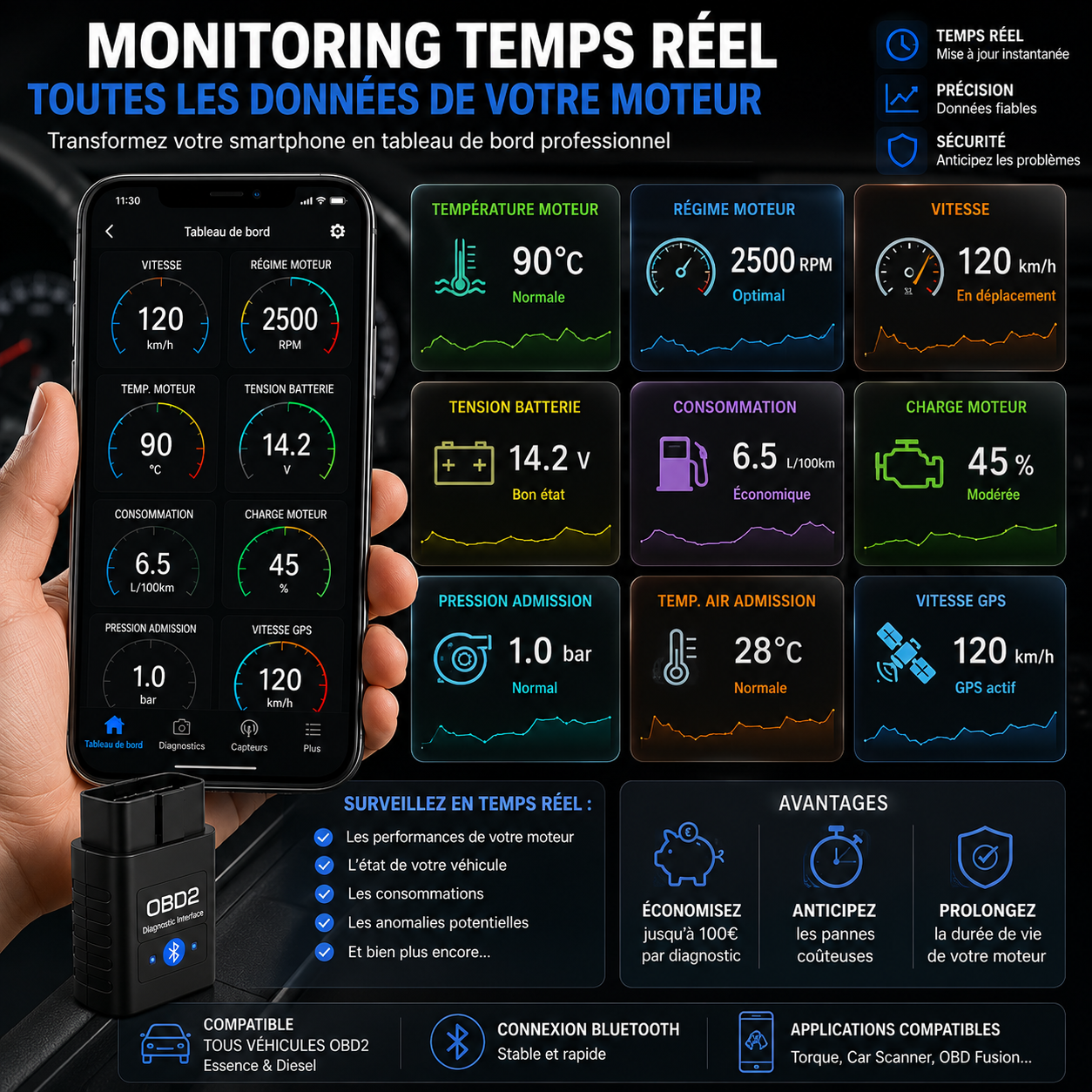Outil OBD2 Bluetooth – Analyse complète du véhicule en temps réel