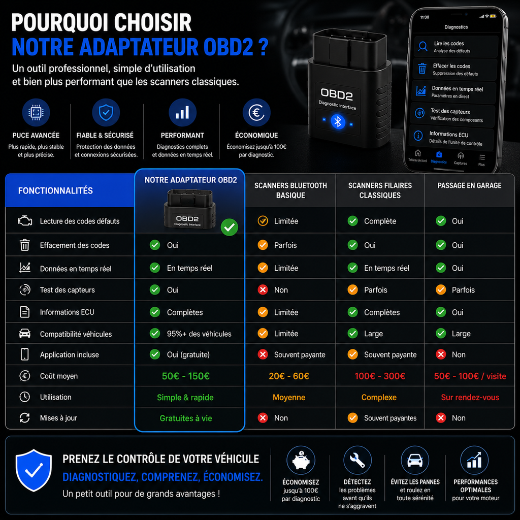 Outil OBD2 Bluetooth – Analyse complète du véhicule en temps réel
